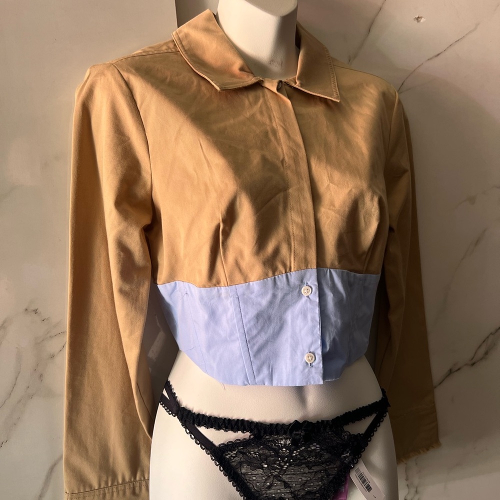 Zara Tan and Blue Button-Down Shirt